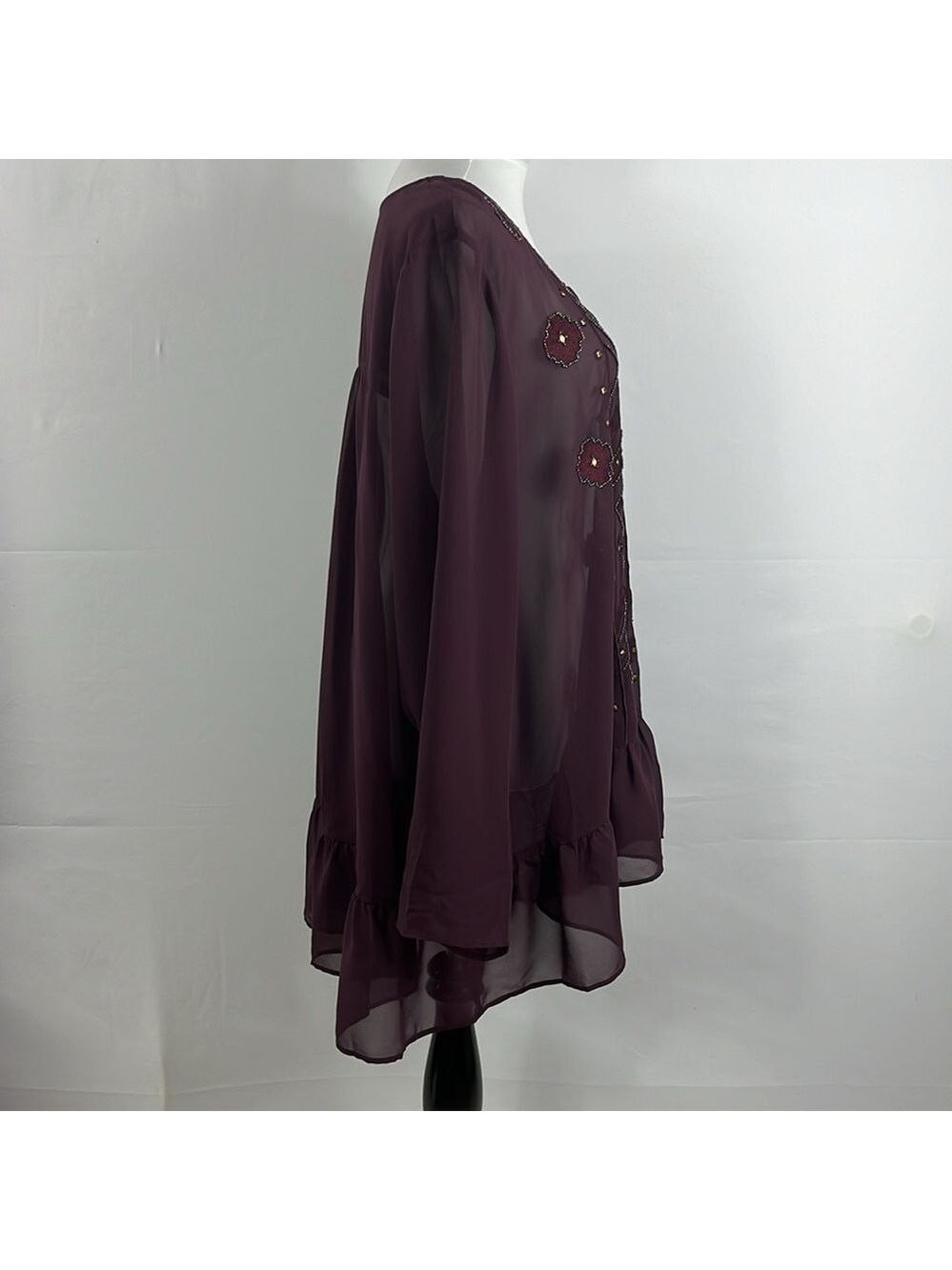LOGO Lavish by Lori Goldstein Burgundy Sheer Peplum Top Beading Sequins 28W NWOT - Picture 9 of 12